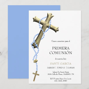 Invitation Chapelet bleu classe et croix dorée Comunión