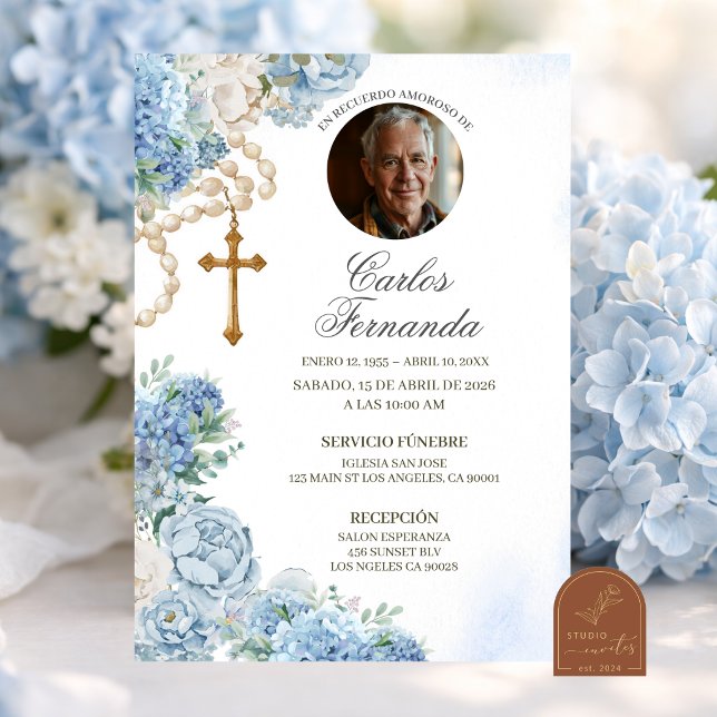 Invitation Chapelet d'hydrangea bleue Photo Funérailles catho (Créateur téléchargé)