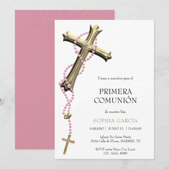 Invitation Chapelet rose élégant & Croix dorée Comunión (Devant / Derrière)