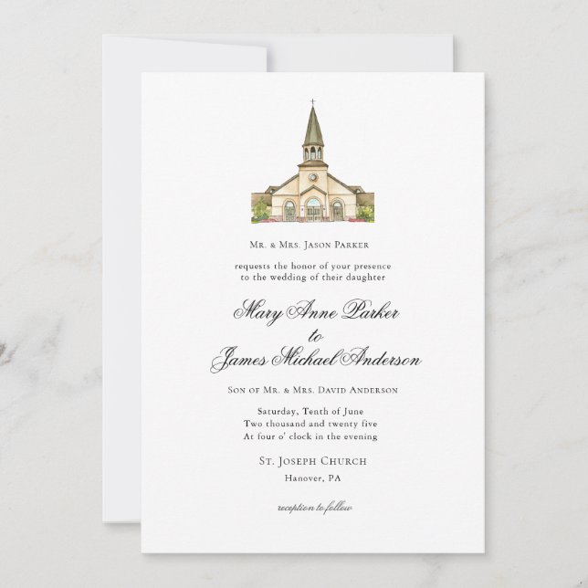 Invitation Chapelle aquarelle Mariage chrétien (Devant)