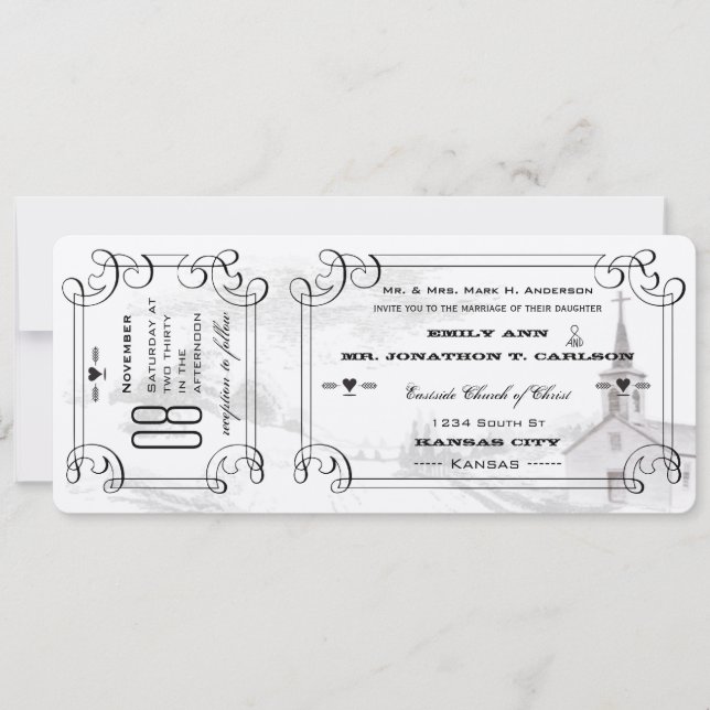 Invitation Chapelle romantique Country Road Mariage de billet (Devant)
