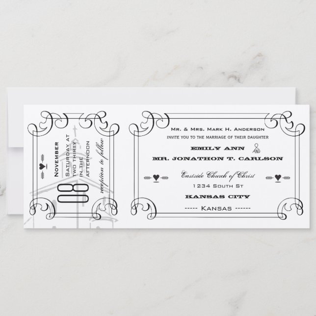 Invitation Chapelle romantique Mariage de billet (Devant)