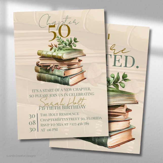 Invitation Chapitre 50 Anniversaire | Livres Empilés & Feuill (Créateur téléchargé)