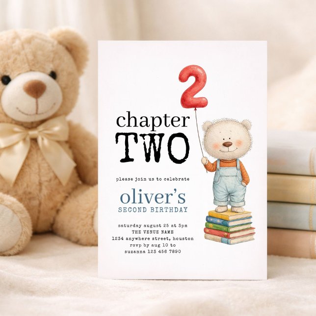 Invitation Chapitre deux Livres Ourson Garçon 2e Anniversaire (Créateur téléchargé)