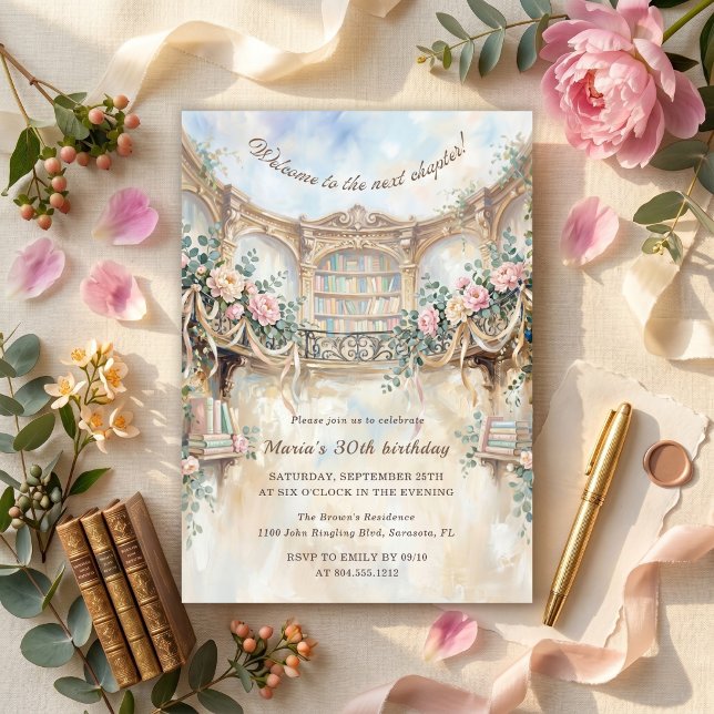 Invitation Chapitre suivant : Bibliothèque florale romantique (Next Chapter Romantic Floral Vintage Library Womens Birthday Party)