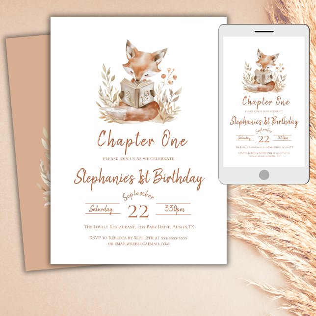Invitation Chapitre Un Fox Lire un livre 1er anniversaire fêt (Créateur téléchargé)