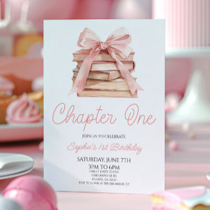 Invitation Chapitre Un livre de croupe rose 1er fête d'annive