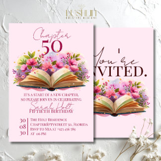 Invitation Chapter 50 Birthday – Open Book with Pink Flowers