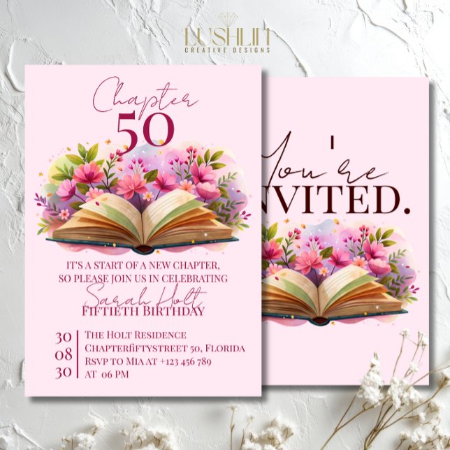 Invitation Chapter 50 Birthday – Open Book with Pink Flowers (Créateur téléchargé)