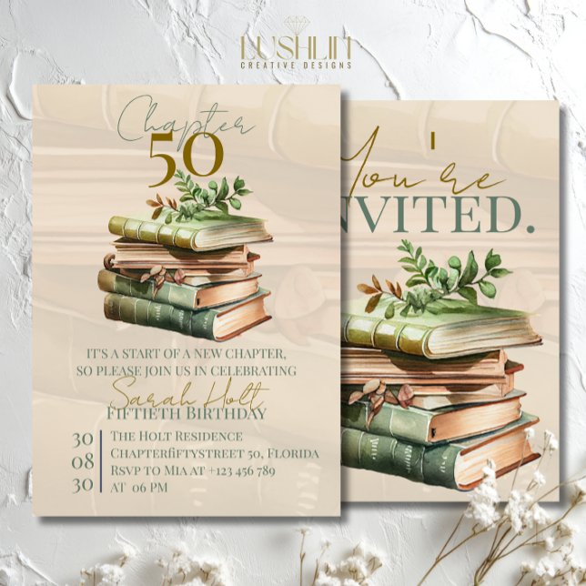 Invitation Chapter 50 Birthday | Stacked Books & Leaves  (Créateur téléchargé)