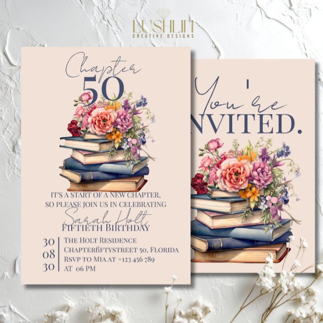 Invitation Chapter 50 Birthday Stacked Books with Flowers (Créateur téléchargé)