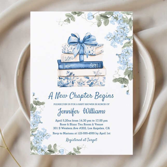 Invitation chapter begins, blue bow books floral baby shower  (Créateur téléchargé)