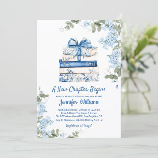 Invitation chapter begins, blue bow books floral baby shower 