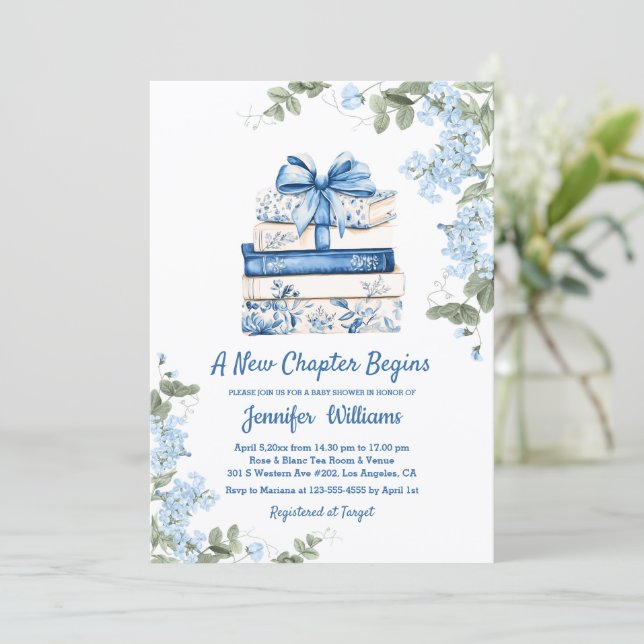Invitation chapter begins, blue bow books floral baby shower  (Debout devant)