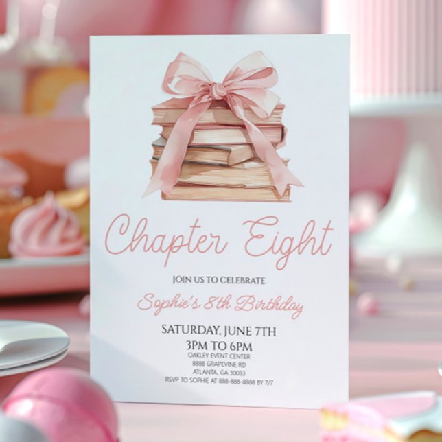 Invitation Chapter Eight Pink Bow Books 8th Birthday Party (Créateur téléchargé)