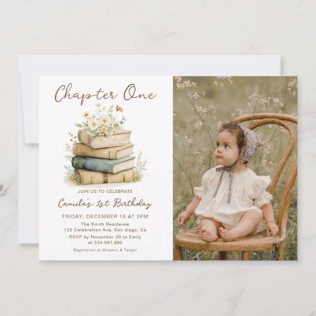Invitation Chapter One Floral Books 1st Birthday Photo (Devant)