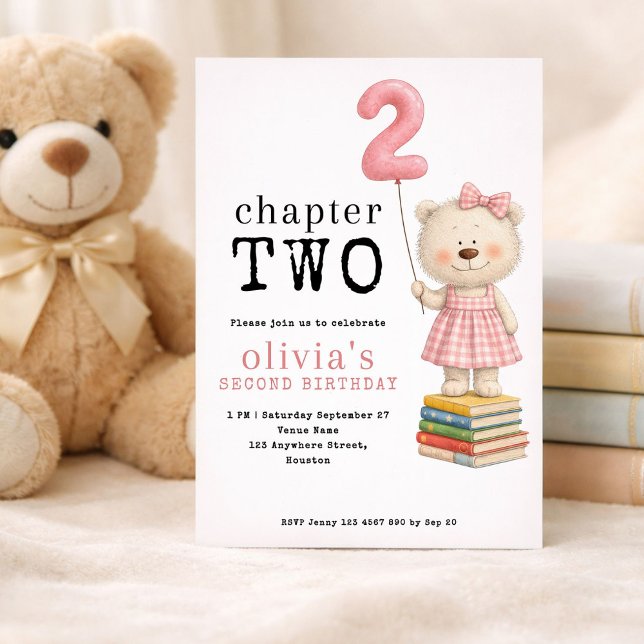 Invitation Chapter Two Teddy Bear Book Girl 2nd Birthday Pink (Créateur téléchargé)
