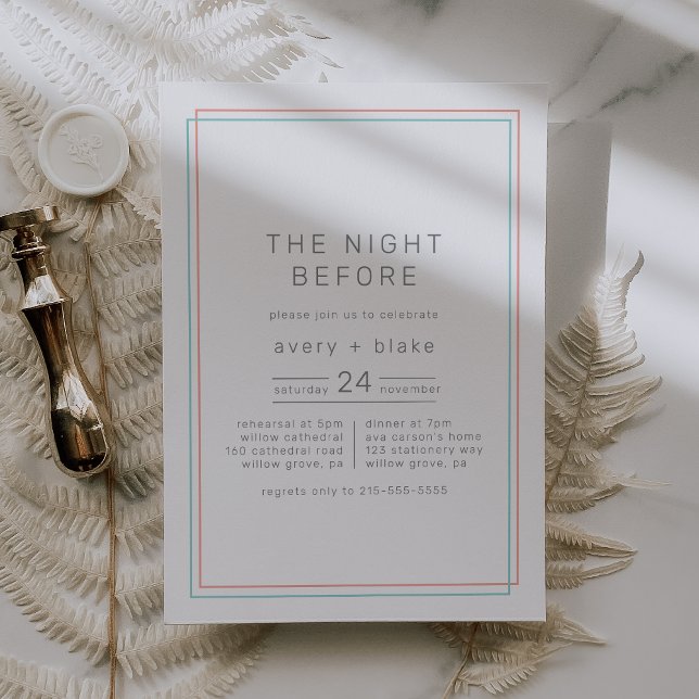 Invitation CHAQUE Corail Turquoise La Nuit Avant Le Dîner De  (AVERY Coral Teal The Night Before Rehearsal Dinner Invitation)
