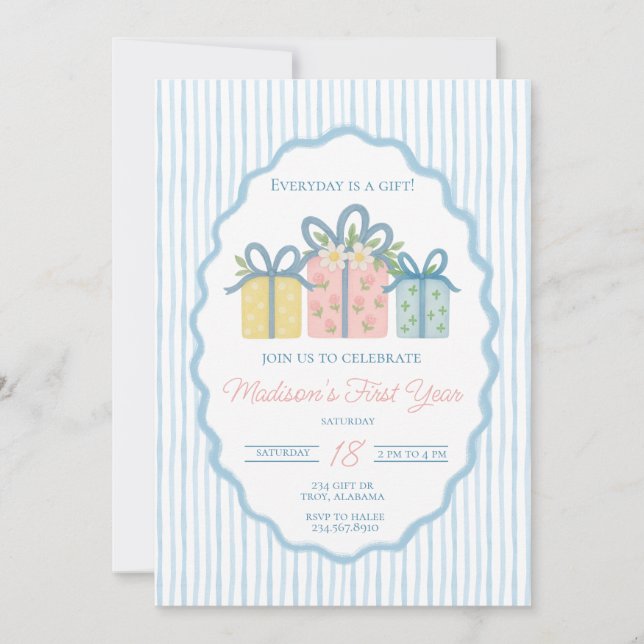 Invitation Chaque jour est un cadeau premier anniversaire, gr (Devant)