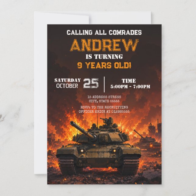 Invitation Char de combat militaire personnel Joyeux annivers (Devant)