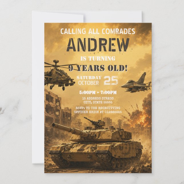 Invitation Char tank militaire anniversaire enfant (Devant)
