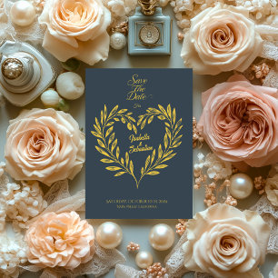 Invitation Charbon de bois gris et or pâle cœur save the date