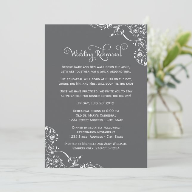 Invitation Charbon Flourish Répétition de Mariage (Debout devant)