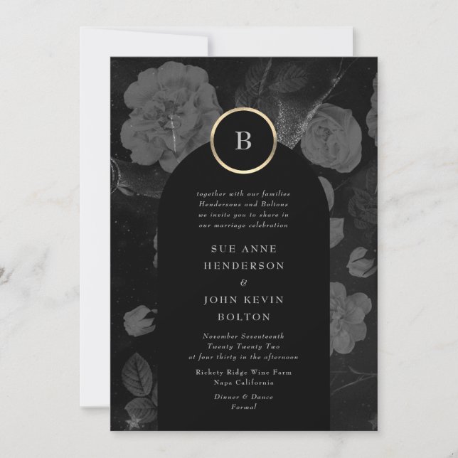 Invitation Charbon gris Dramatique Arc Floral Mariage Or (Devant)