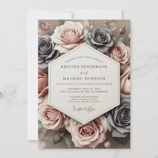 Invitation Charbon Rose Timeless Bloom Mariage (Devant)