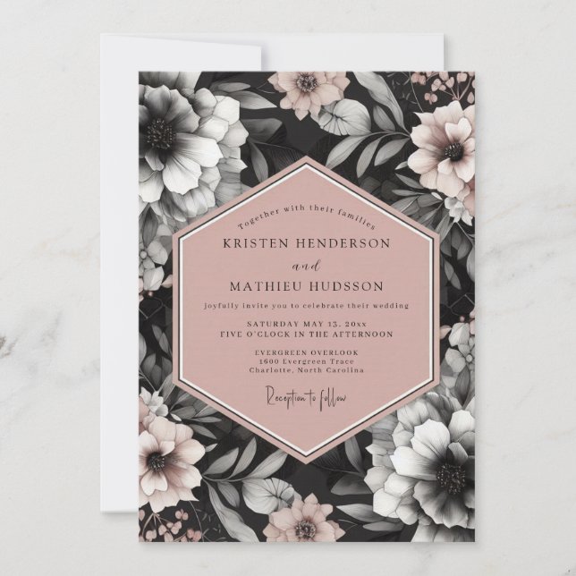 Invitation Charbon Rouge Élégant Mariage Fleurissant (Devant)