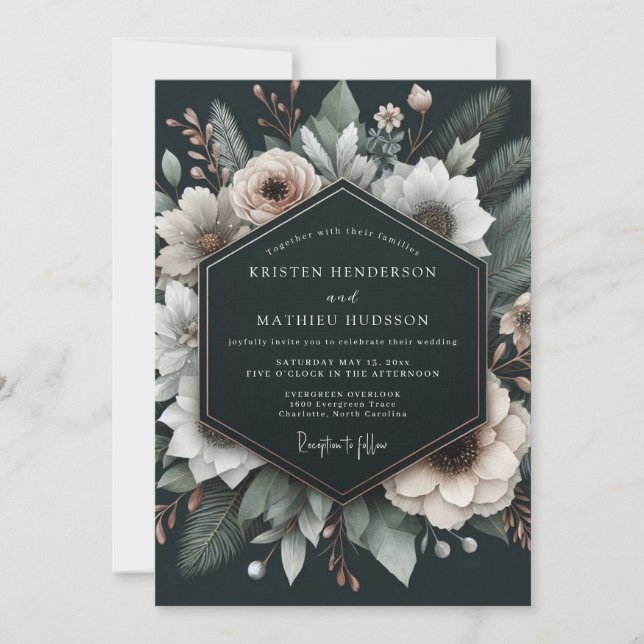 Invitation Charcoal Alabaster Flora Wedding (Devant)