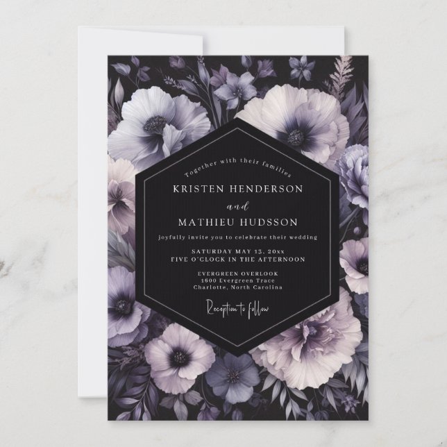 Invitation Charcoal Amethyst Bloom Wedding (Devant)