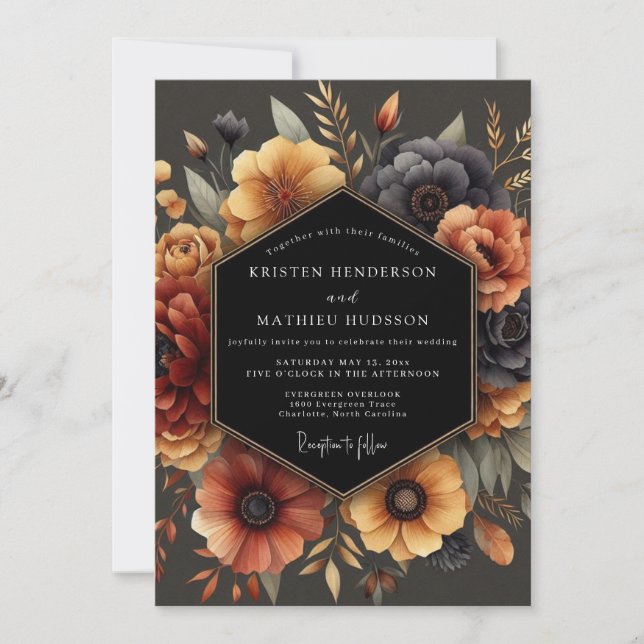 Invitation Charcoal Autumnal Anemone Wedding (Devant)