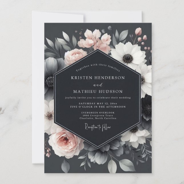 Invitation Charcoal Blush Blossom Elegance Wedding (Devant)