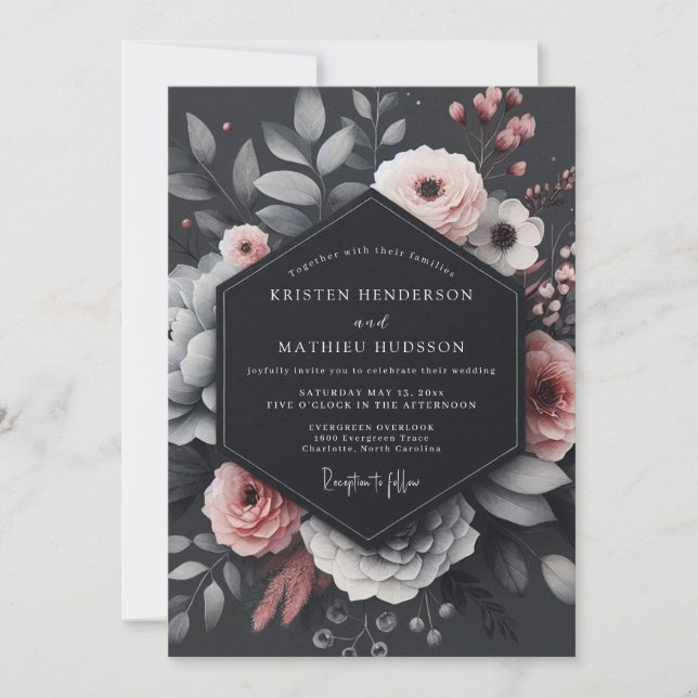 Invitation Charcoal Blush Floral Elegance Wedding (Devant)