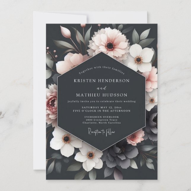 Invitation Charcoal Blush Floral Romance Wedding (Devant)