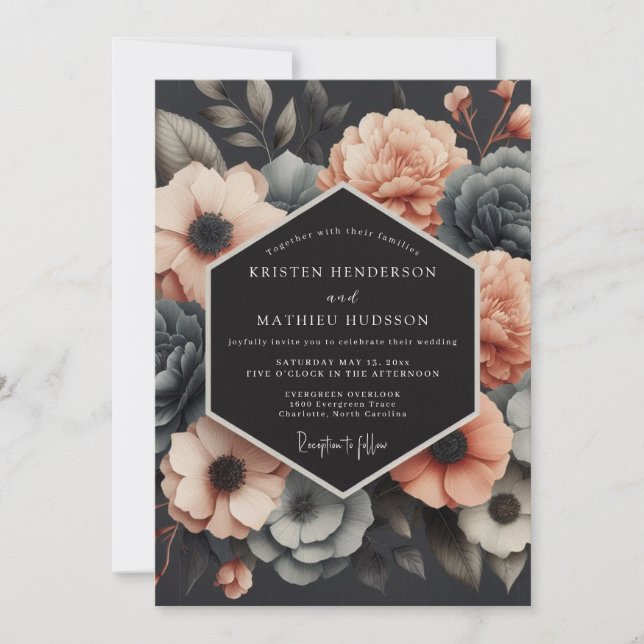 Invitation Charcoal & Coral Muted Bloom Wedding (Devant)