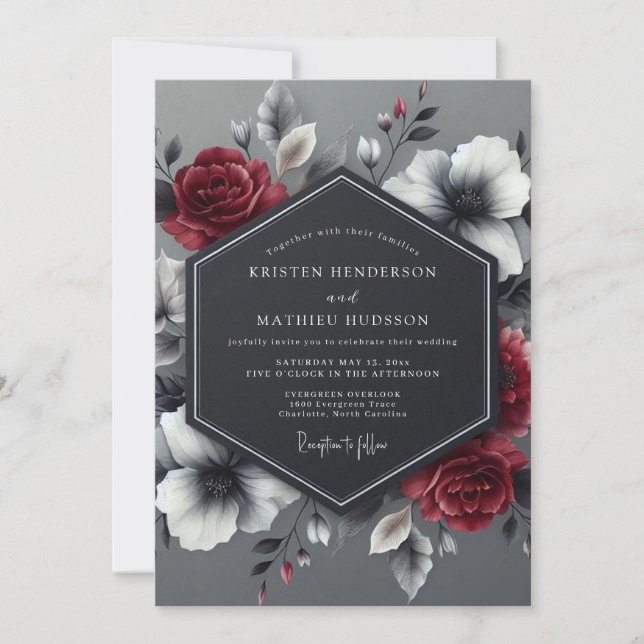 Invitation Charcoal Crimson Bloom Wedding (Devant)