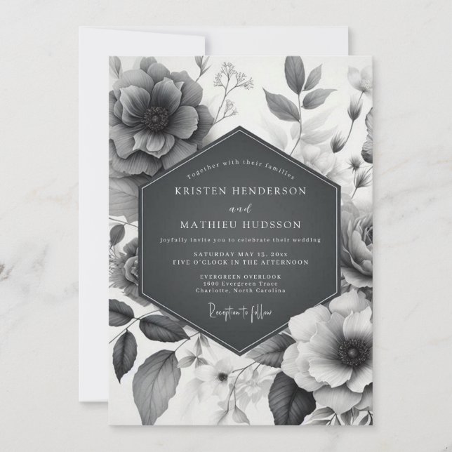 Invitation Charcoal Etched Flora Wedding (Devant)