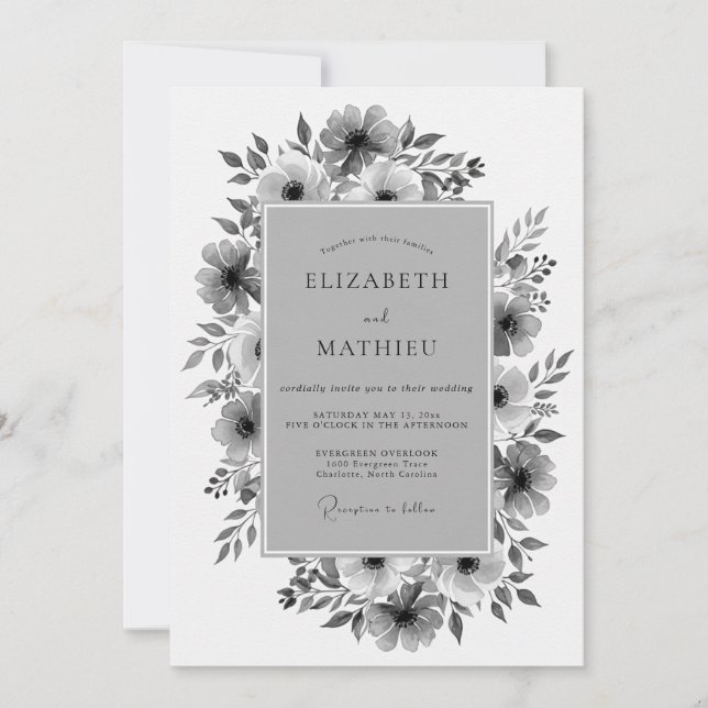 Invitation Charcoal Floral Romance Wedding (Devant)
