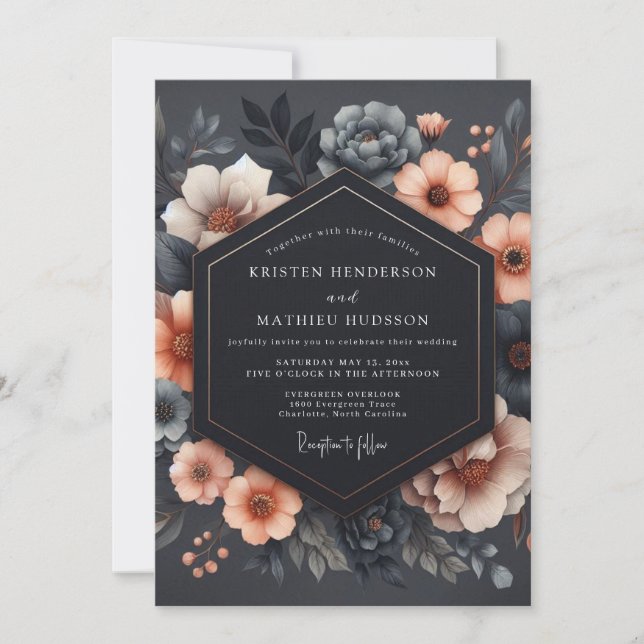 Invitation Charcoal Floral Romance Wedding (Devant)
