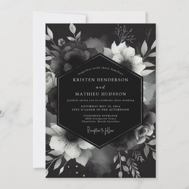 Invitation Charcoal Gothique Fleurs de Mariage (Devant)