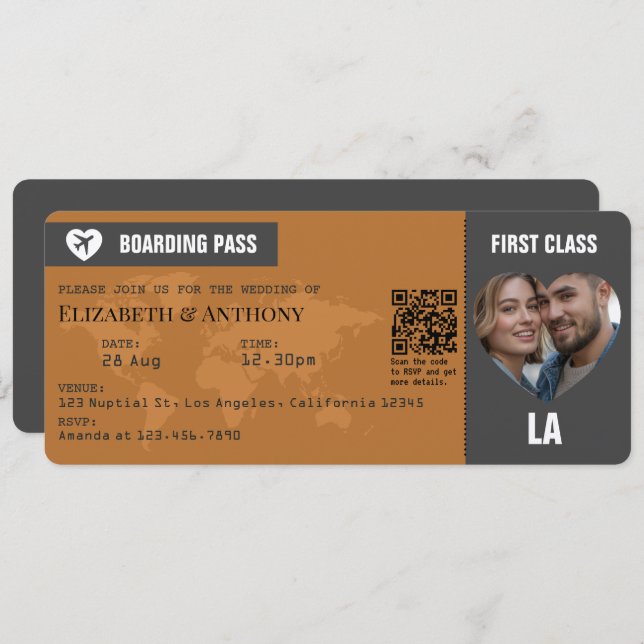 Invitation Charcoal Gray & Copper Boarding Pass Wedding (Devant / Derrière)