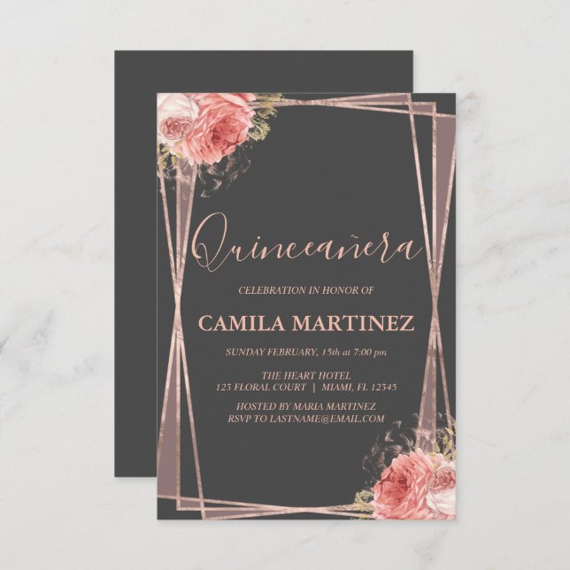 Invitation Charcoal Grey et Rose Gold Quinceanera Party (Devant / Derrière)