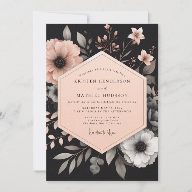 Invitation Charcoal Peach Luminous Bloom Wedding (Devant)