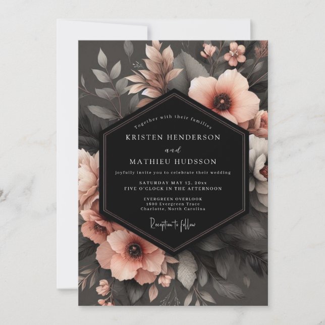 Invitation Charcoal Peach Shadowy Flora Wedding (Devant)