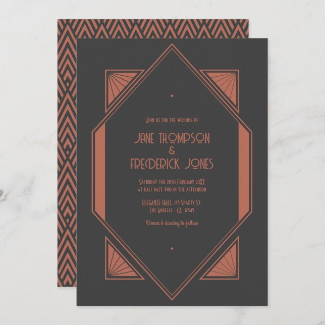 Invitation Charcoal Slate & Copper Art Deco Wedding Photo (Devant / Derrière)