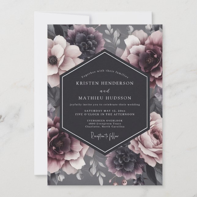 Invitation Charcoal Somber Flora Wedding (Devant)