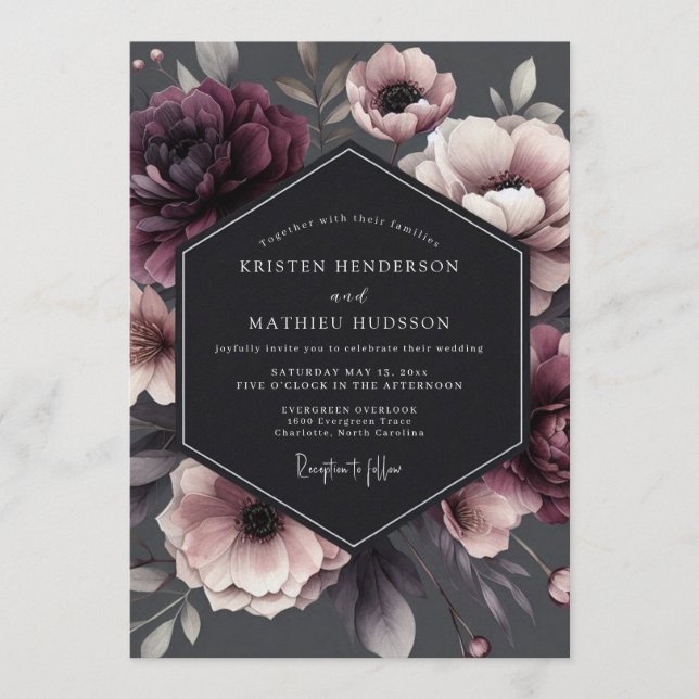Invitation Charcoal Victorian Bloom Wedding (Devant)