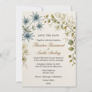 Invitation Chardon bleu, bougainvillée blanche, cadre de bord